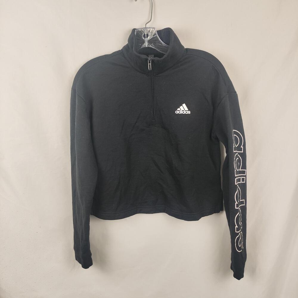 Adidas Sweatshirt Womens Small Black Primegreen Fleece 1/4 Zip Mock Neck Cropped